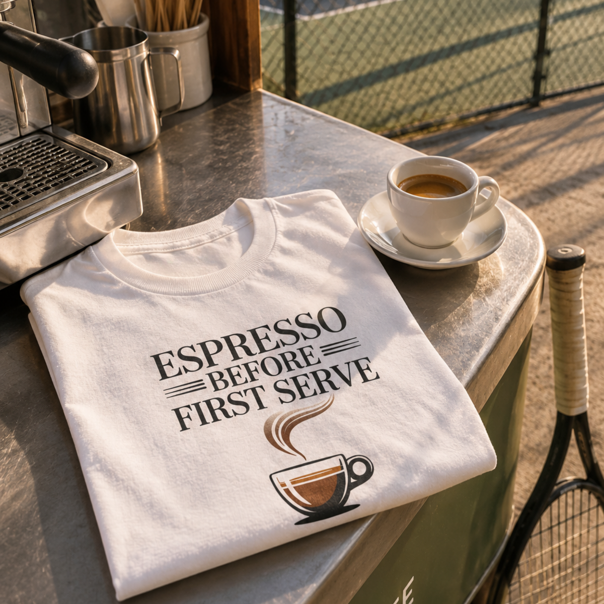 Folded white Espresso Before First Serve women's tennis T-shirt on a courtside cafe counter next to an espresso cup, with a racket behind