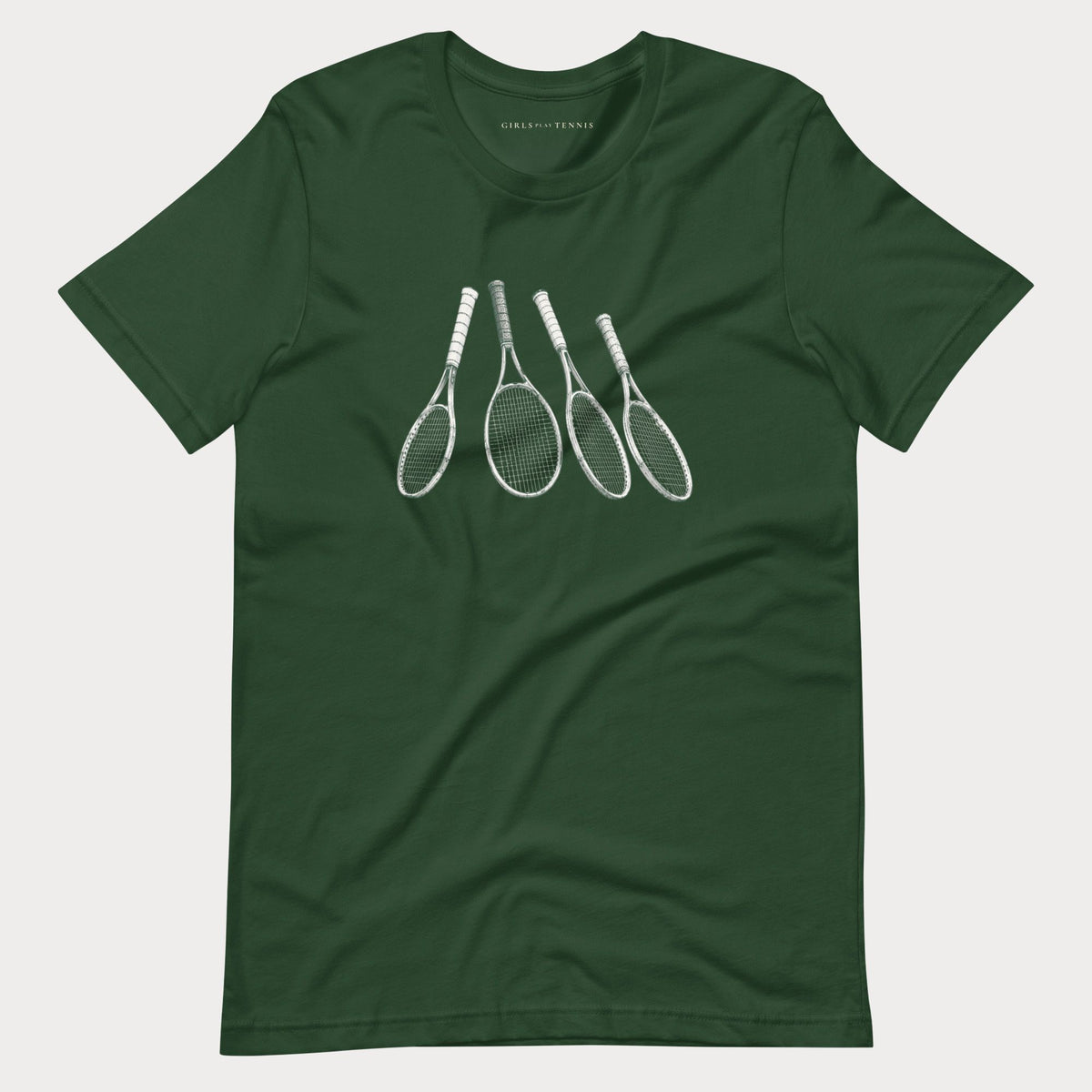 Forest green Four Rackets women's tennis T-shirt with four rackets fanned in a row