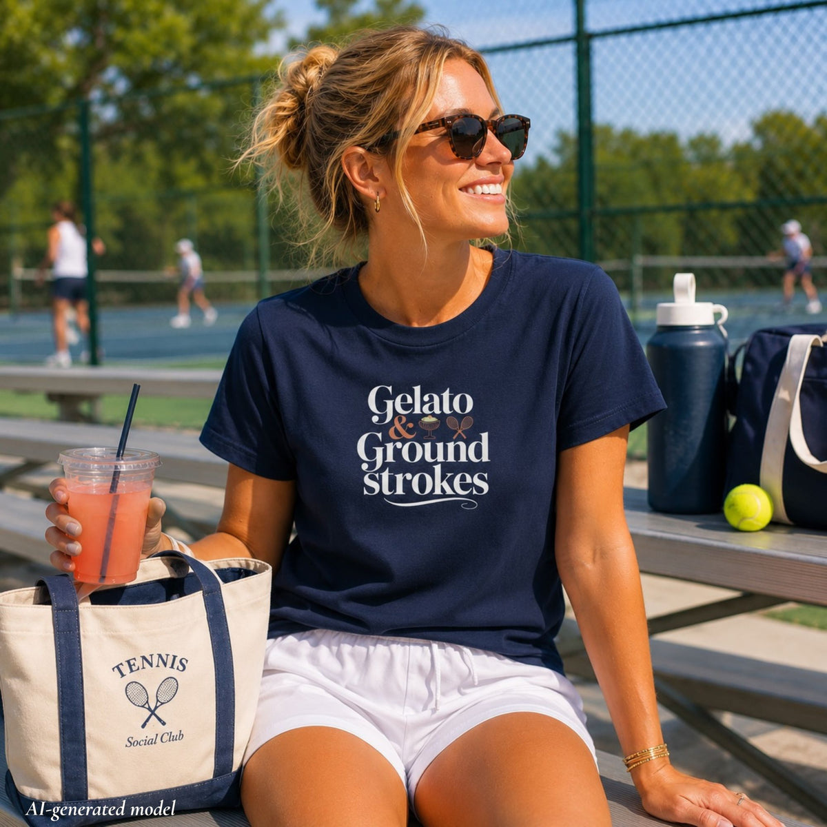 Woman in sunglasses at a courtside picnic table holding a pink drink, wearing a navy Gelato & Groundstrokes tee, with a tote bag beside her