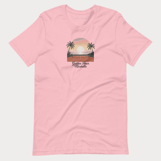 Pink Golden Hour Marbella women's tennis T-shirt with a sunset over a clay court framed by palm trees