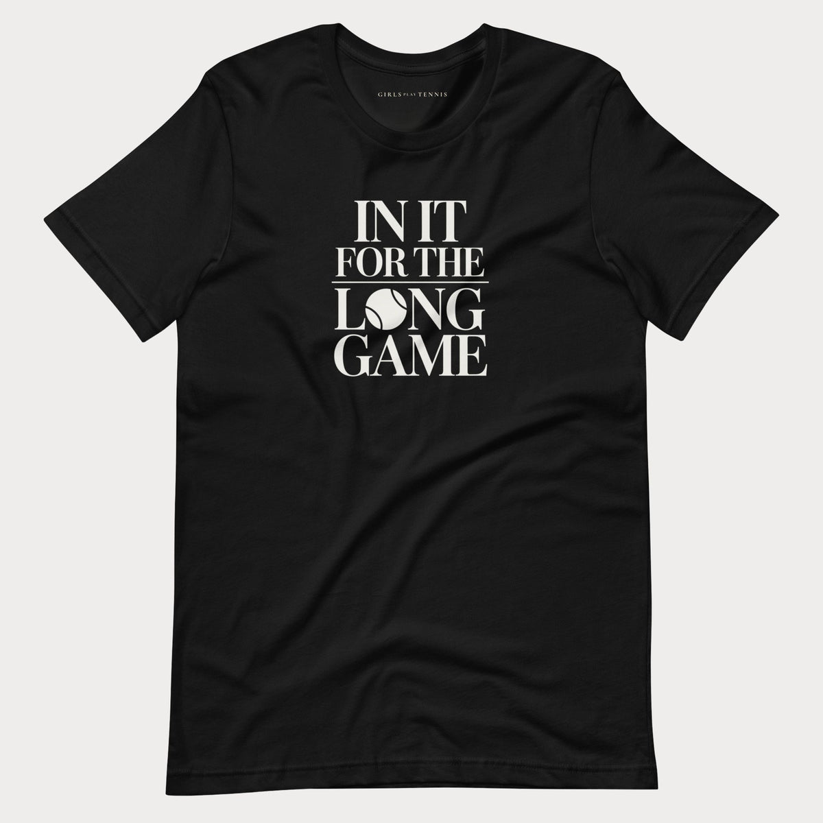 Black In It For The Long Game women's tennis T-shirt with stacked lettering and a tennis ball as the O