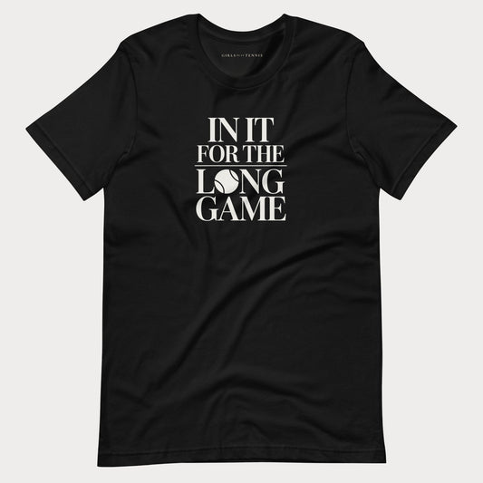 Black In It For The Long Game women's tennis T-shirt with stacked lettering and a tennis ball as the O