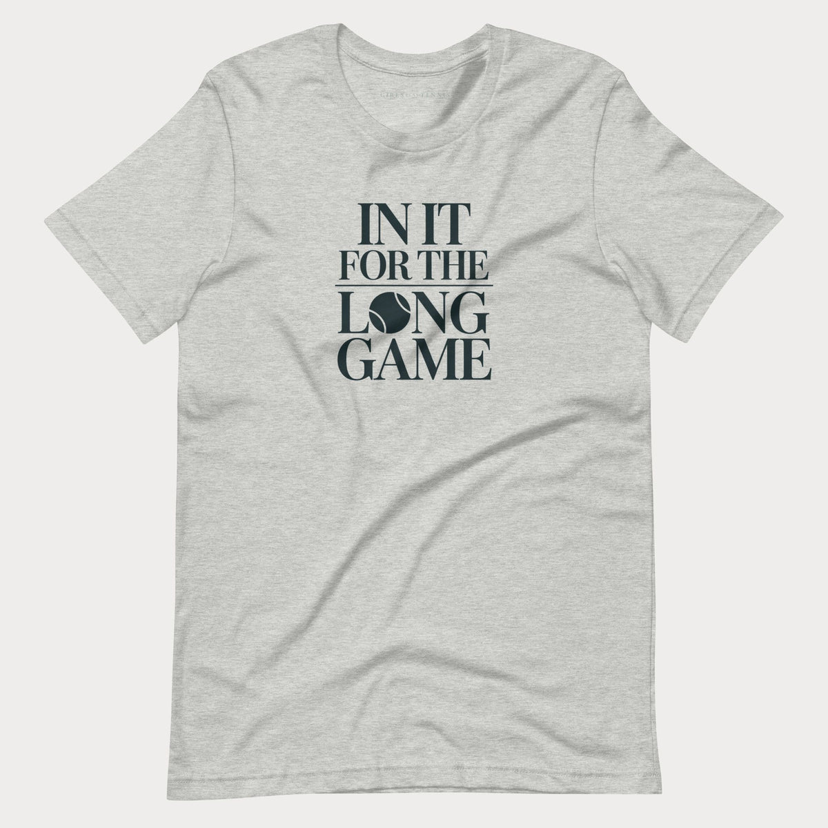 Heather grey In It For The Long Game women's tennis T-shirt with stacked lettering and a tennis ball as the O