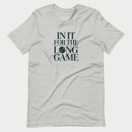 Heather grey In It For The Long Game women's tennis T-shirt with stacked lettering and a tennis ball as the O