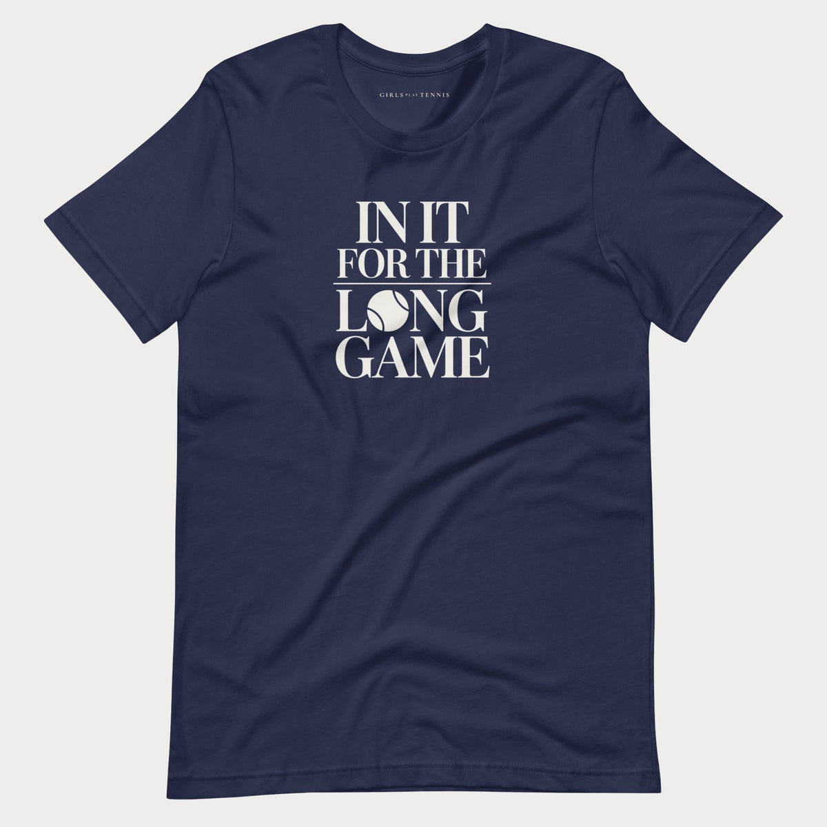 Navy In It For The Long Game women's tennis T-shirt with stacked lettering and a tennis ball as the O
