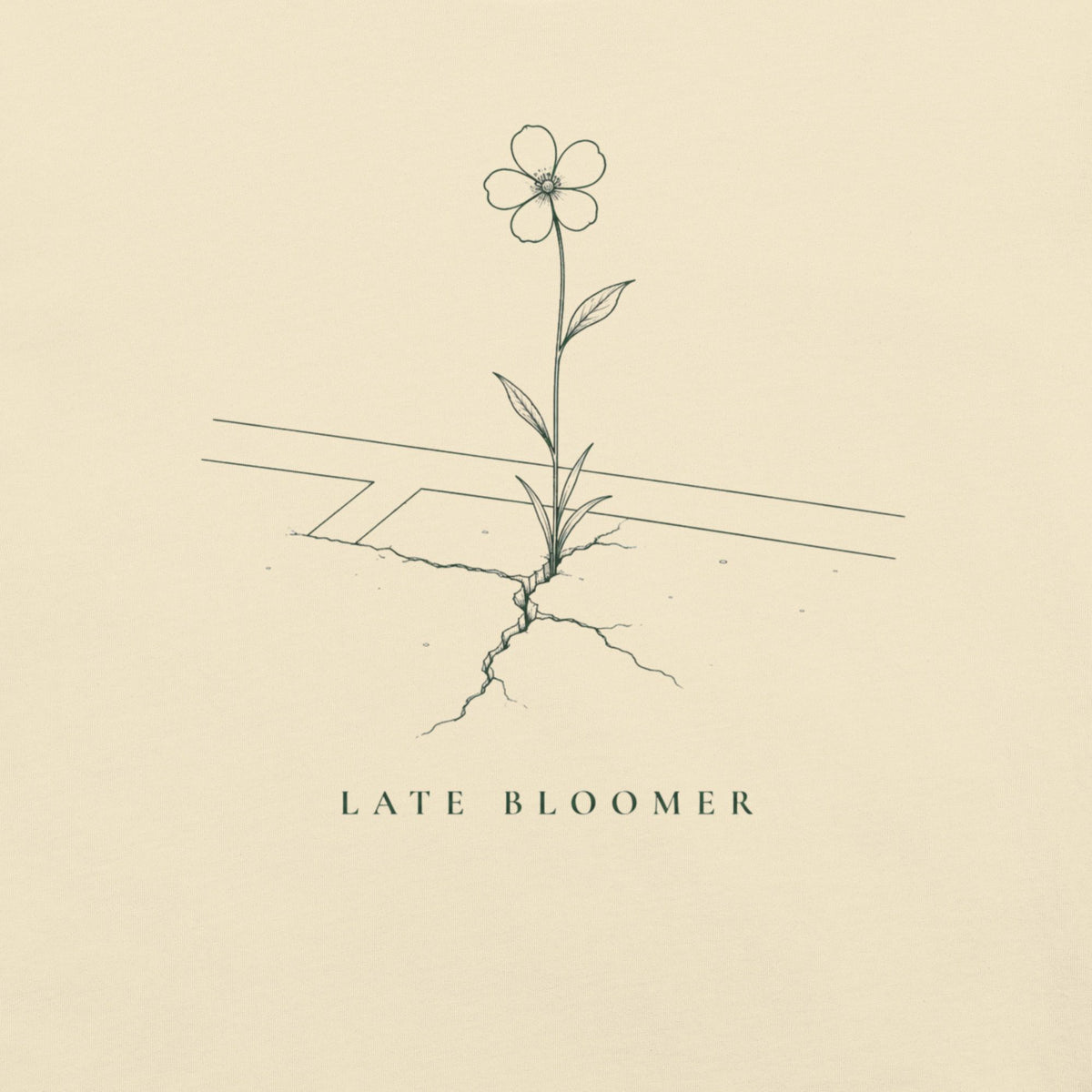 Close-up of the Late Bloomer flower and court line drawing on a cream tee