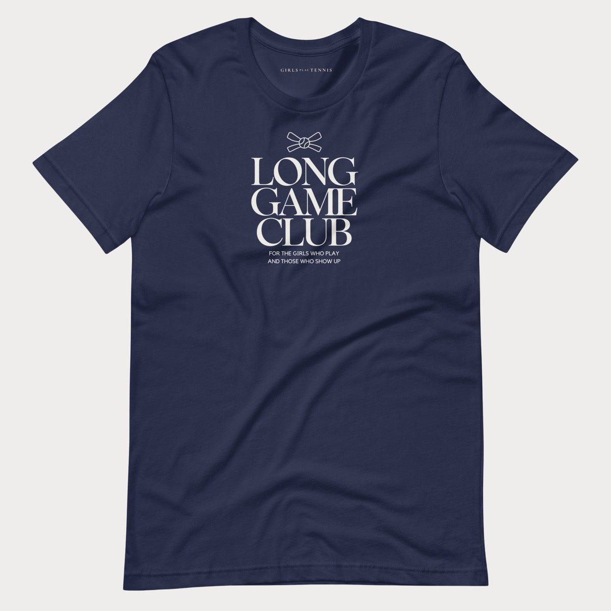 Navy Long Game Club women's tennis T-shirt with stacked lettering and a small bow
