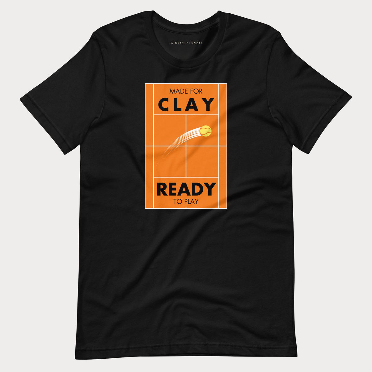 Black Made for Clay, Ready to Play women's tennis T-shirt with an orange clay court graphic and a tennis ball