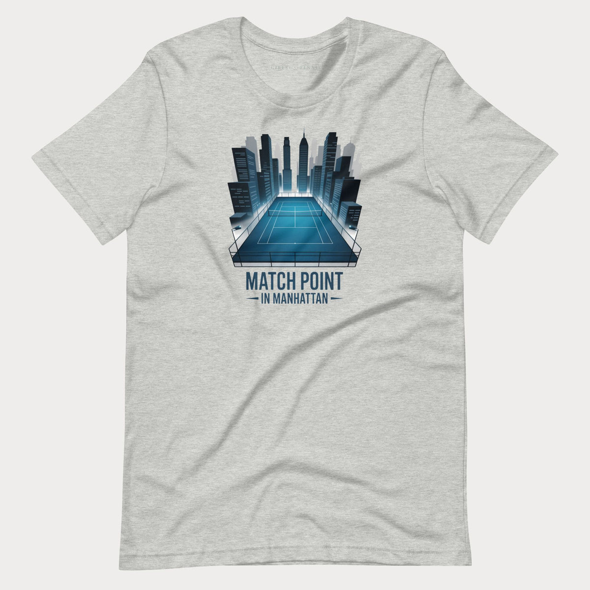 Heather grey Match Point in Manhattan women's tennis T-shirt with a blue tennis court surrounded by skyscrapers