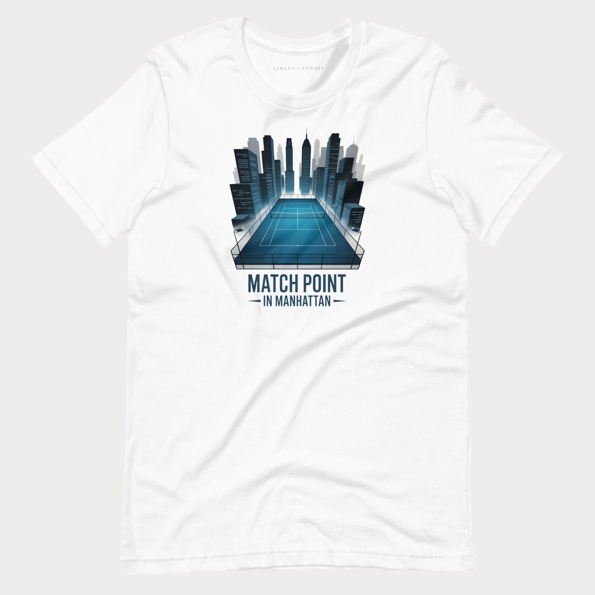 White Match Point in Manhattan women's tennis T-shirt with a blue tennis court surrounded by skyscrapers