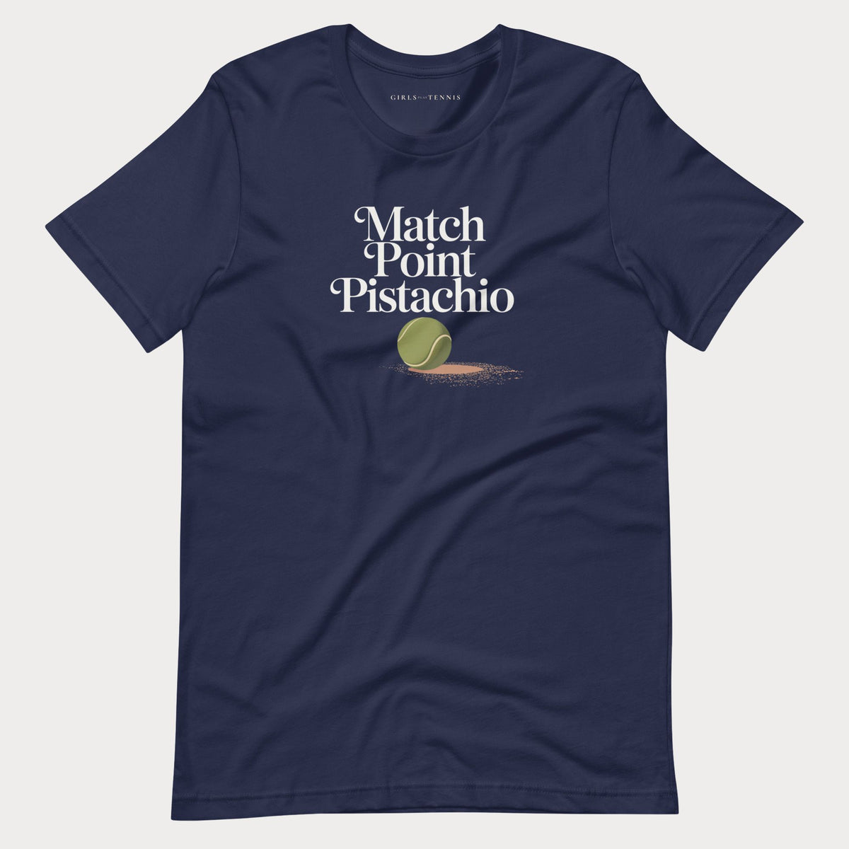 Navy Match Point Pistachio women's tennis T-shirt with stacked lettering and a tennis ball