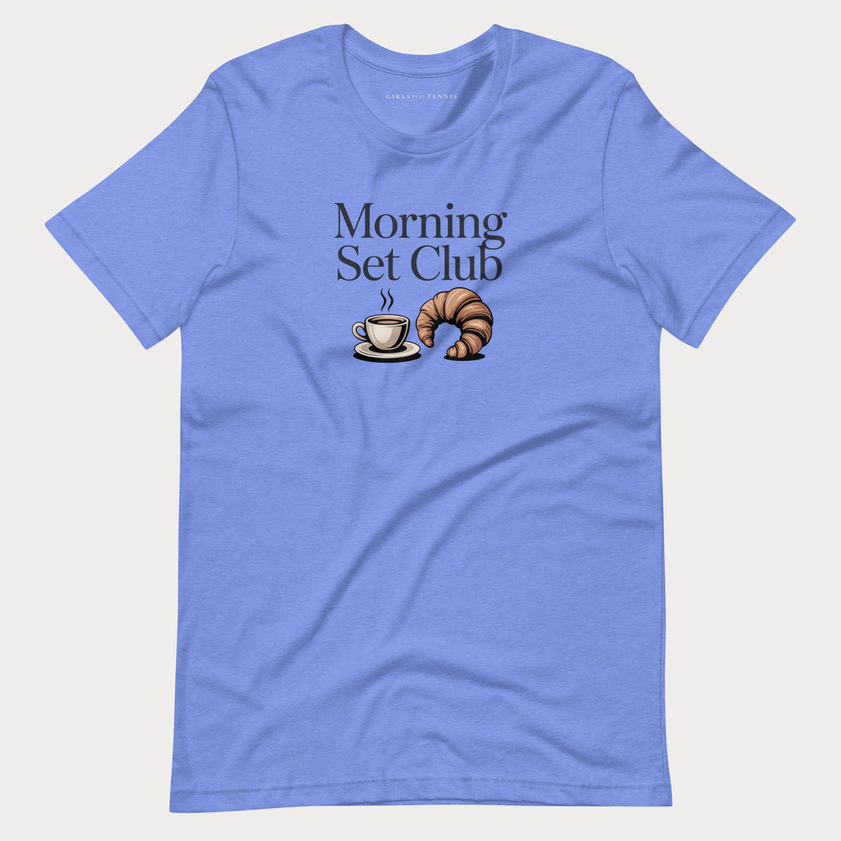Blue Morning Set Club women's tennis T-shirt with a coffee cup and croissant graphic