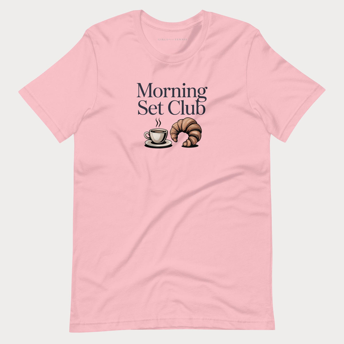 Pink Morning Set Club women's tennis T-shirt with a coffee cup and croissant graphic