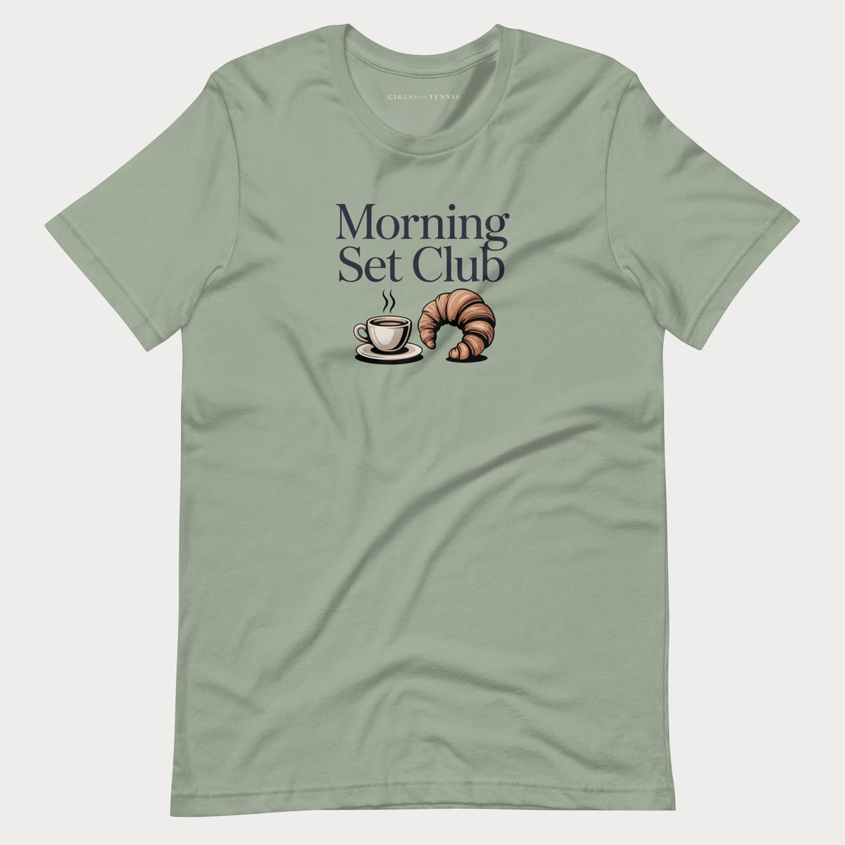 Sage green Morning Set Club women's tennis T-shirt with a coffee cup and croissant graphic