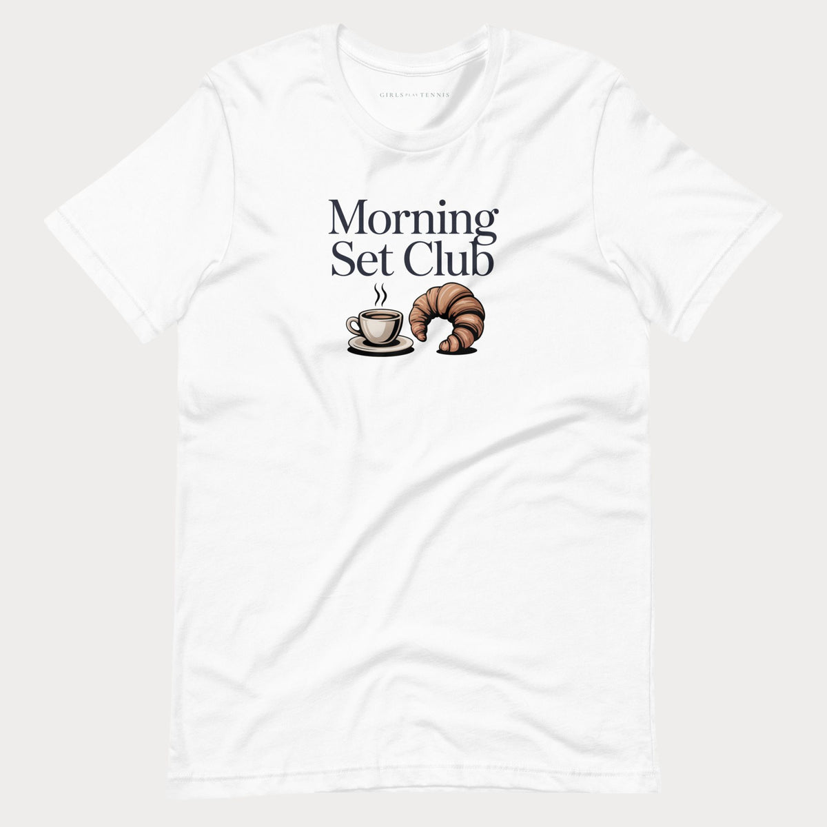 White Morning Set Club women's tennis T-shirt with a coffee cup and croissant graphic