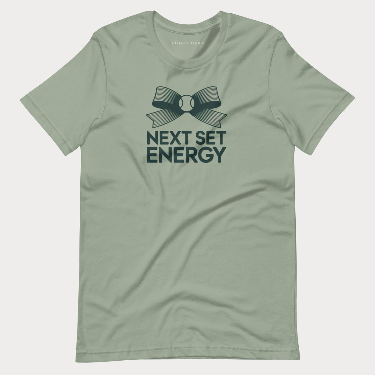 Sage green Next Set Energy women's tennis T-shirt with a bow around a tennis ball above bold lettering