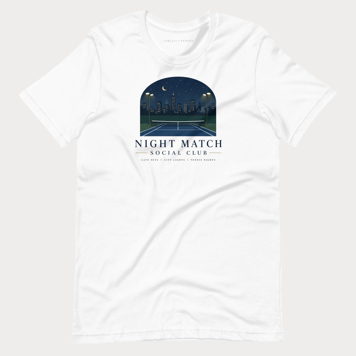 White Night Match Social Club women's tennis T-shirt with an arched night skyline over a tennis court