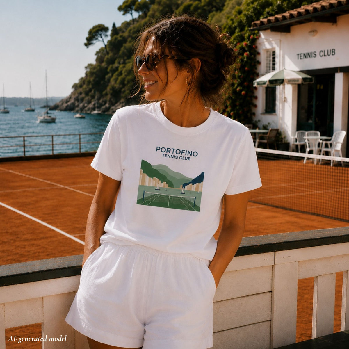 Woman in a white Portofino Tennis Club tee and shorts on a seaside terrace above a clay court with boats