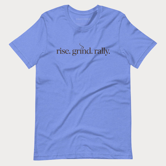 Blue Rise. Grind. Rally. women's tennis T-shirt with lowercase lettering and a small steam curl