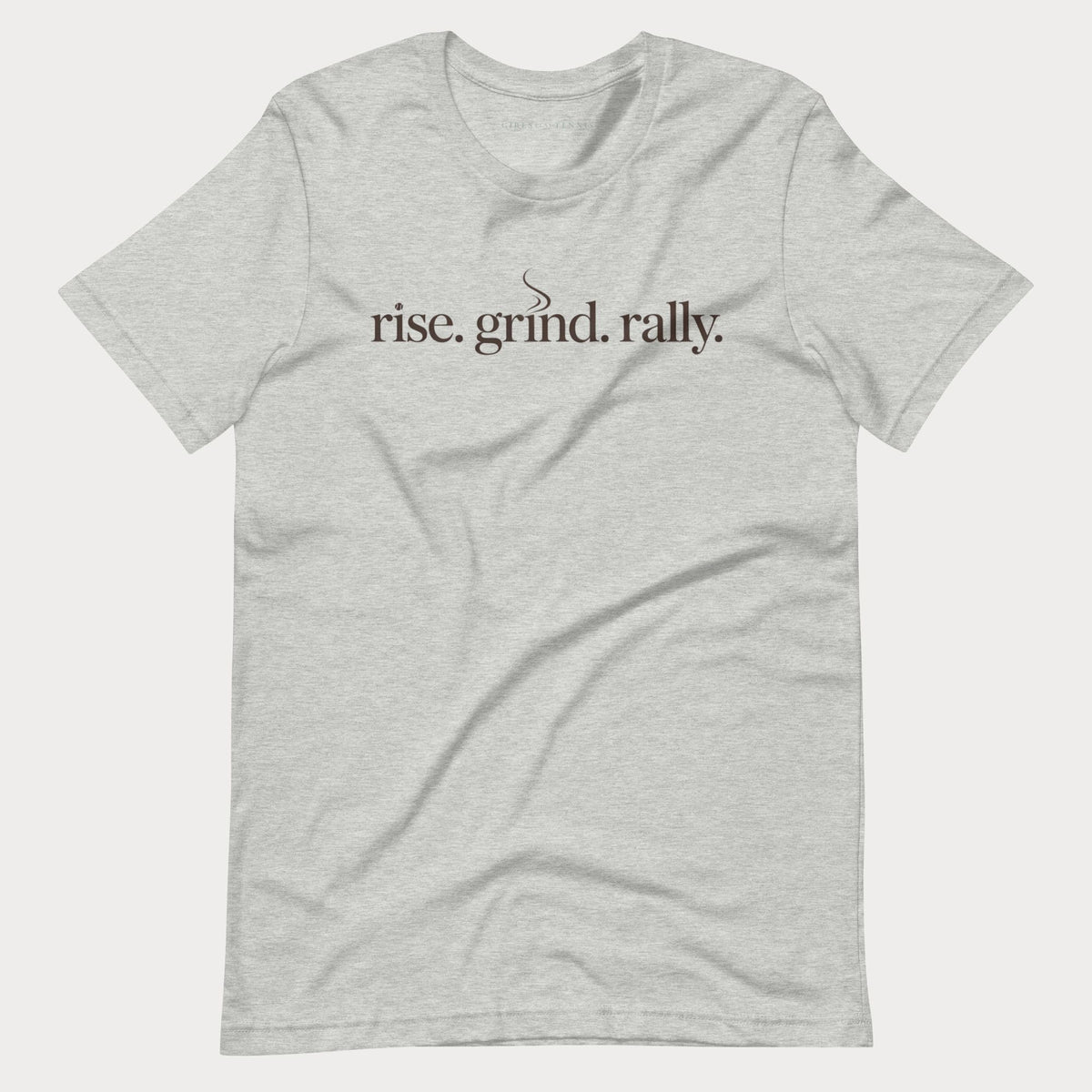 Heather grey Rise. Grind. Rally. women's tennis T-shirt with lowercase lettering and a small steam curl