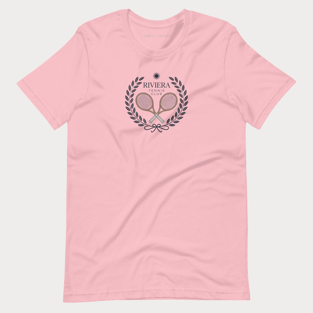 Pink Riviera Tennis Club women's tennis T-shirt with a laurel wreath and crossed rackets