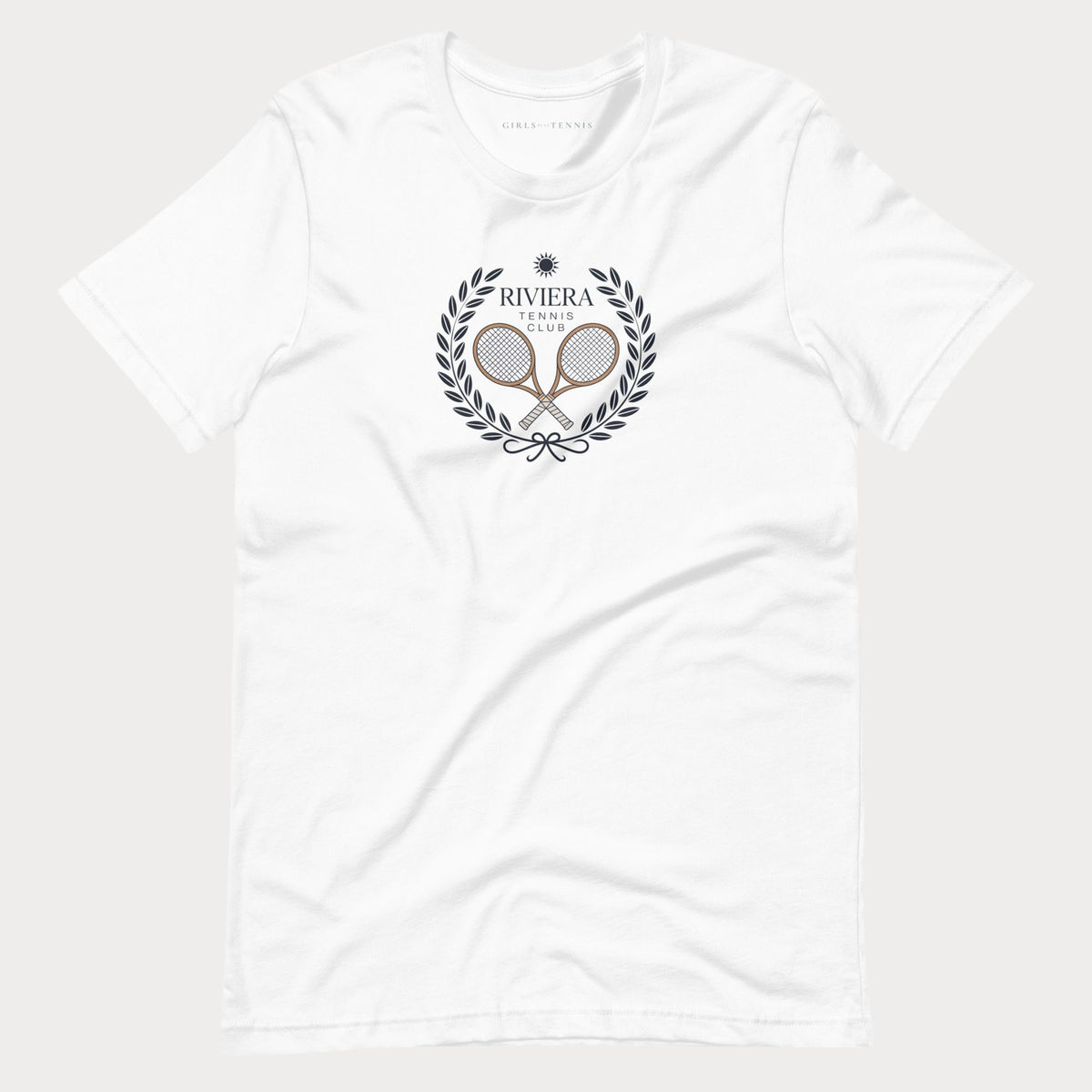 White Riviera Tennis Club women's tennis T-shirt with a laurel wreath and crossed rackets