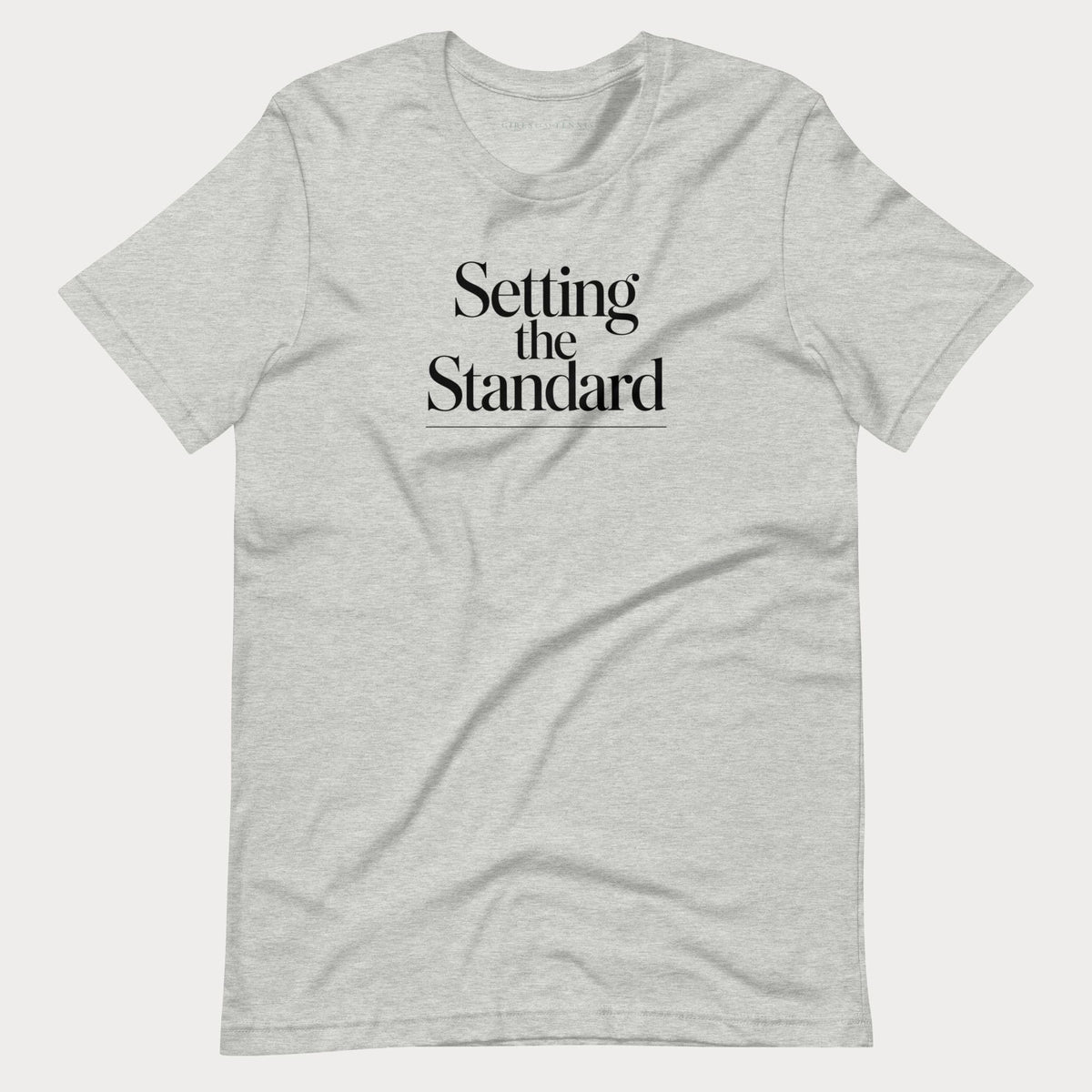 Heather grey Setting the Standard women's tennis T-shirt with stacked serif lettering and a thin underline
