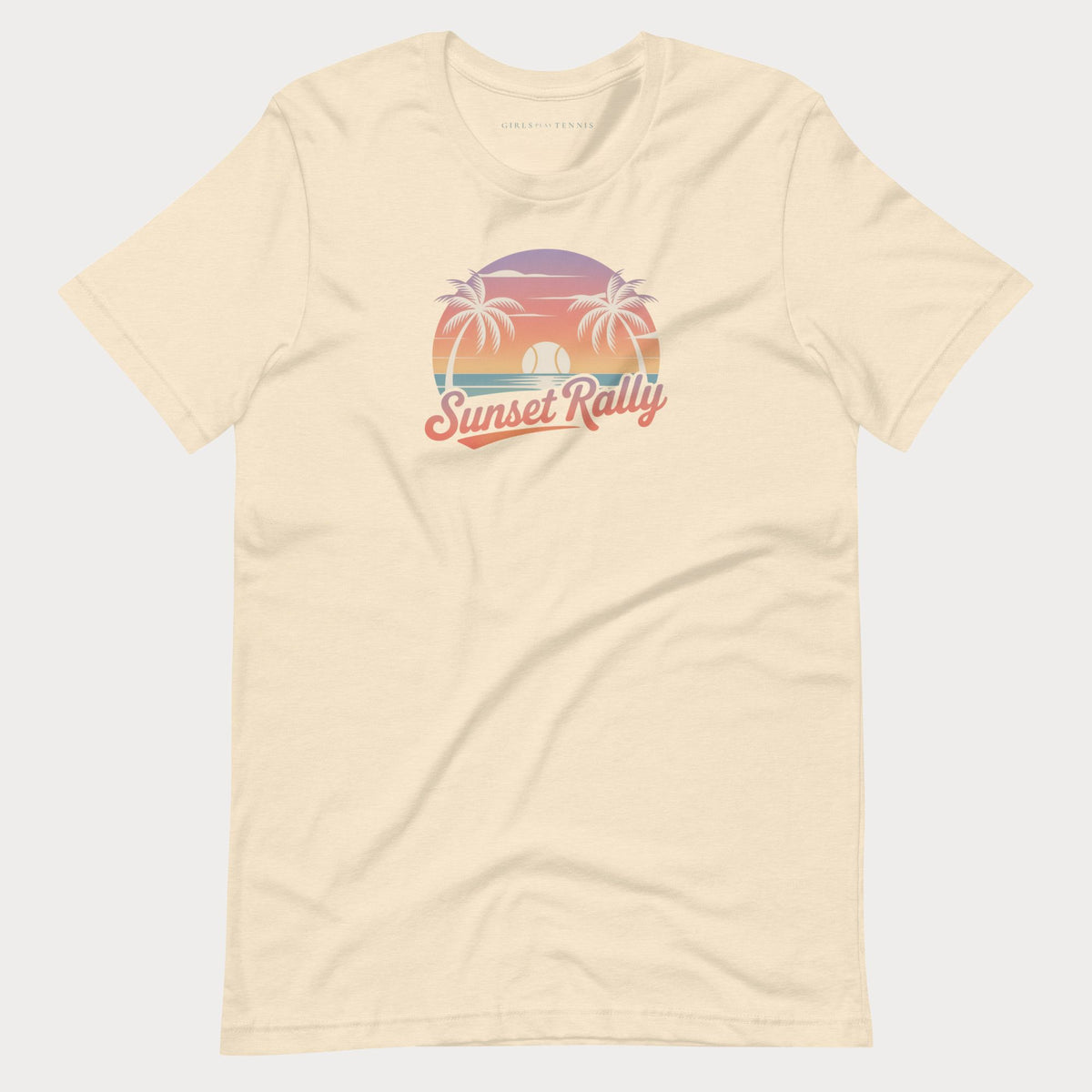 Cream Sunset Rally women's tennis T-shirt with a palm tree sunset and script lettering