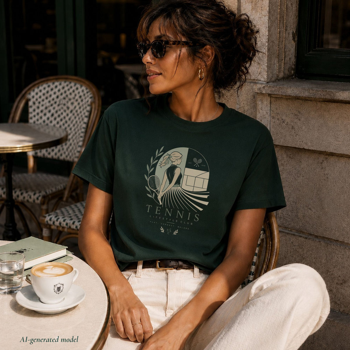 Woman in sunglasses in a forest green Tennis Lifestyle Club tee seated at a cafe table with a coffee