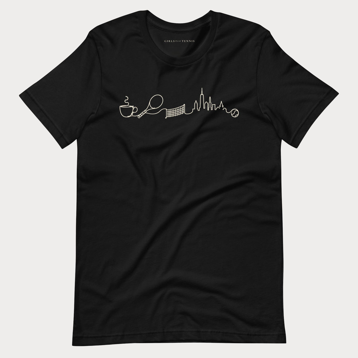Black The Long Rally women's tennis T-shirt with a line drawing of a coffee cup, racket, net and city skyline