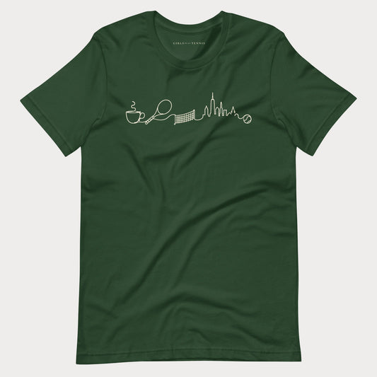 Forest green The Long Rally women's tennis T-shirt with a line drawing of a coffee cup, racket, net and city skyline