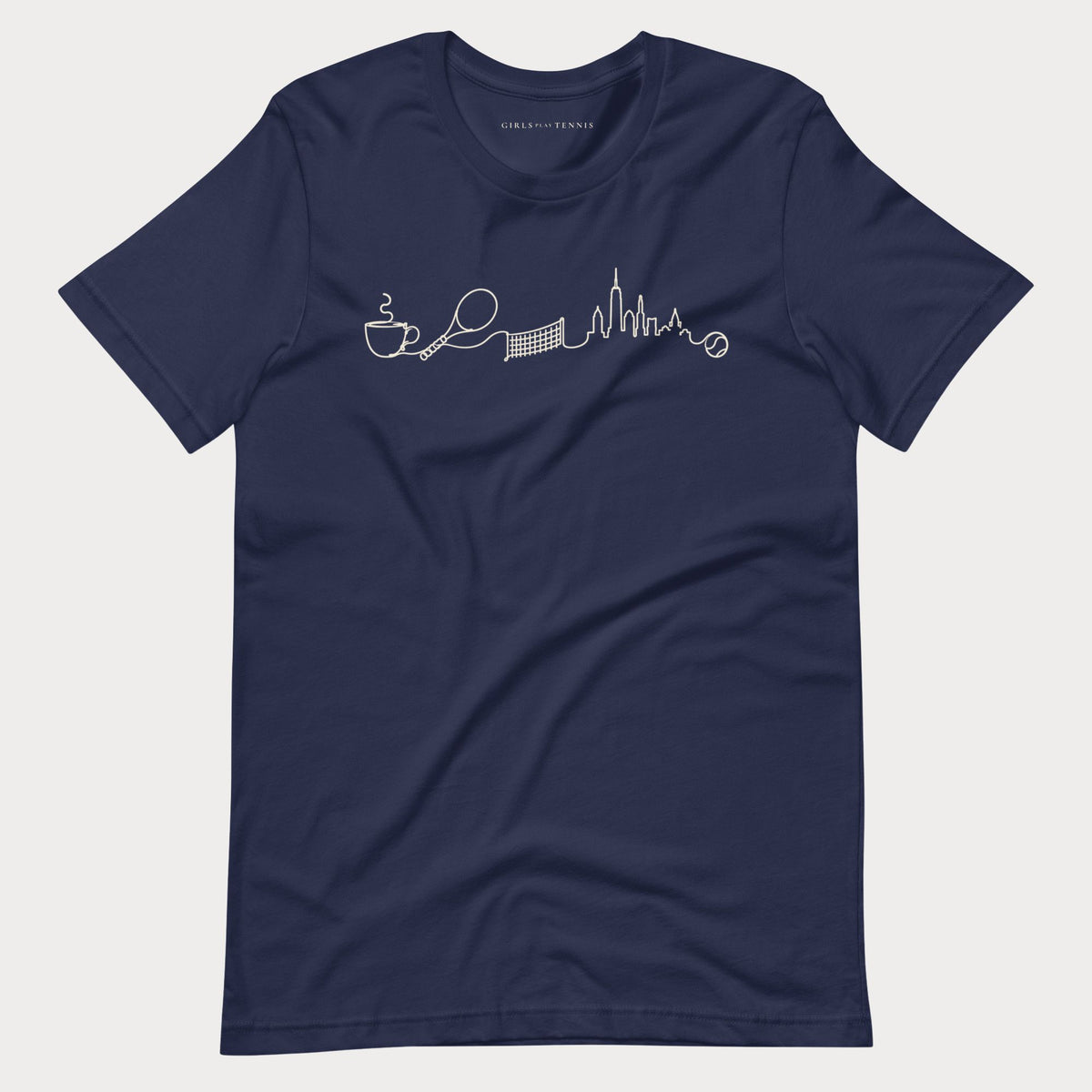 Navy The Long Rally women's tennis T-shirt with a line drawing of a coffee cup, racket, net and city skyline