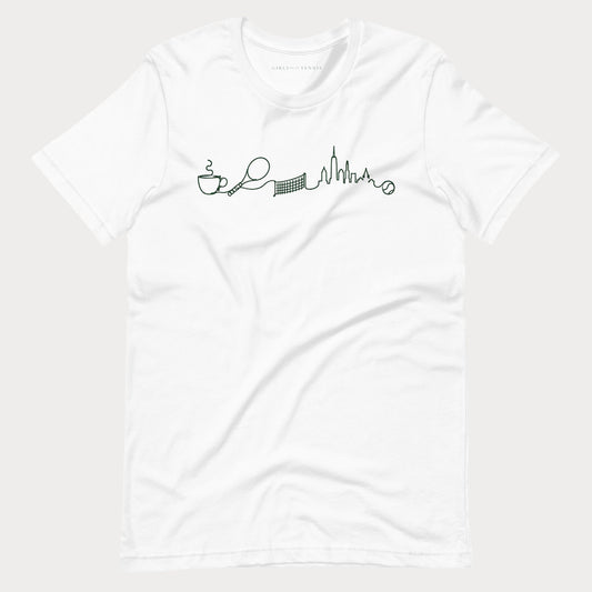White The Long Rally women's tennis T-shirt with a line drawing of a coffee cup, racket, net and city skyline