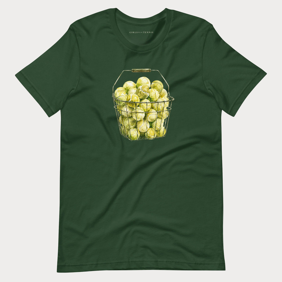 Forest green The Next Hundred women's tennis T-shirt with a wire basket of tennis balls