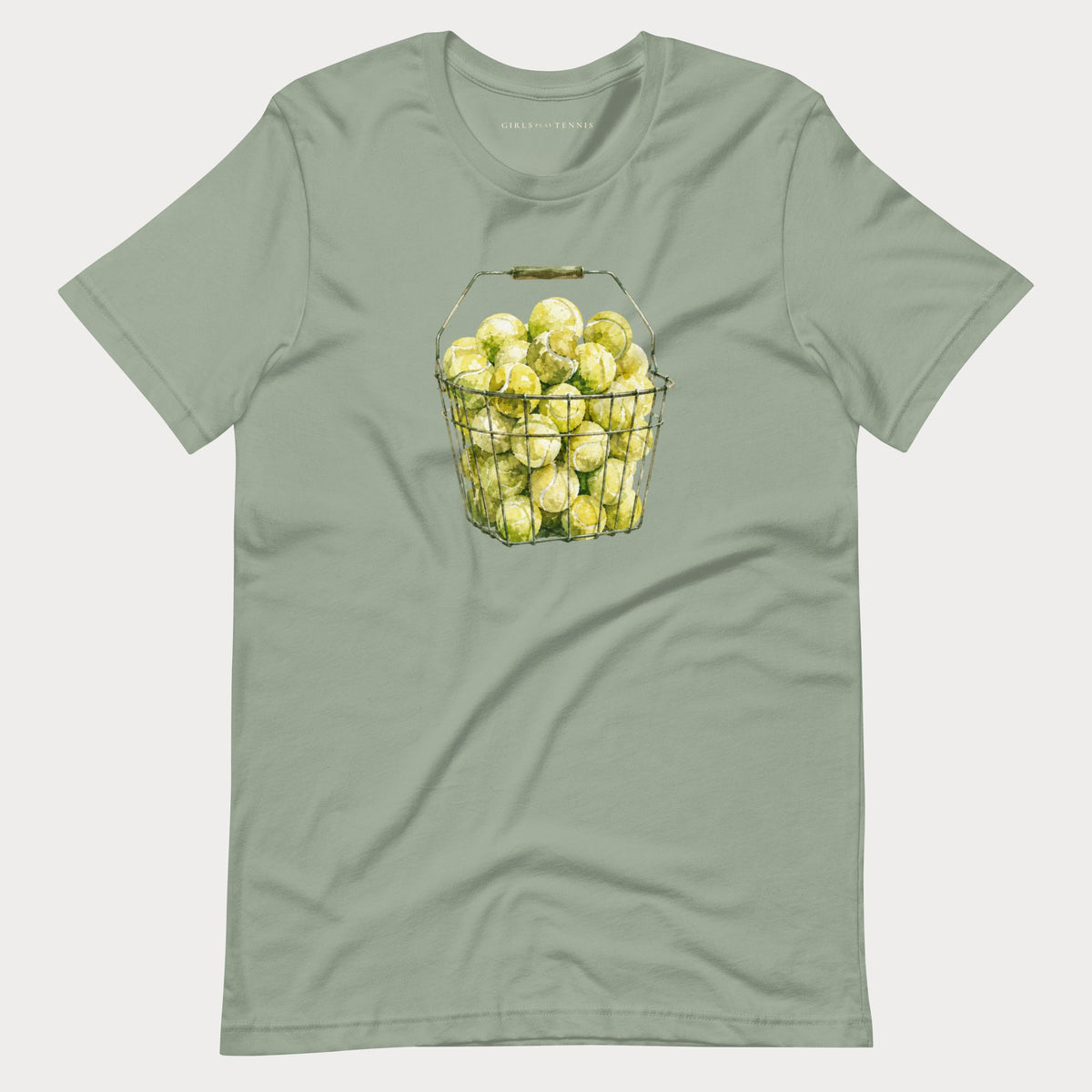 Sage green The Next Hundred women's tennis T-shirt with a wire basket of tennis balls