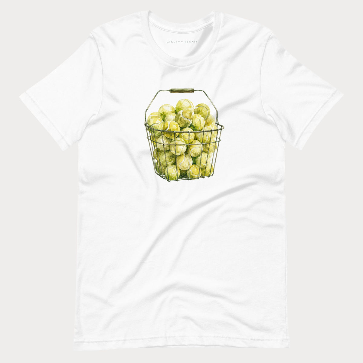 White The Next Hundred women's tennis T-shirt with a wire basket of tennis balls
