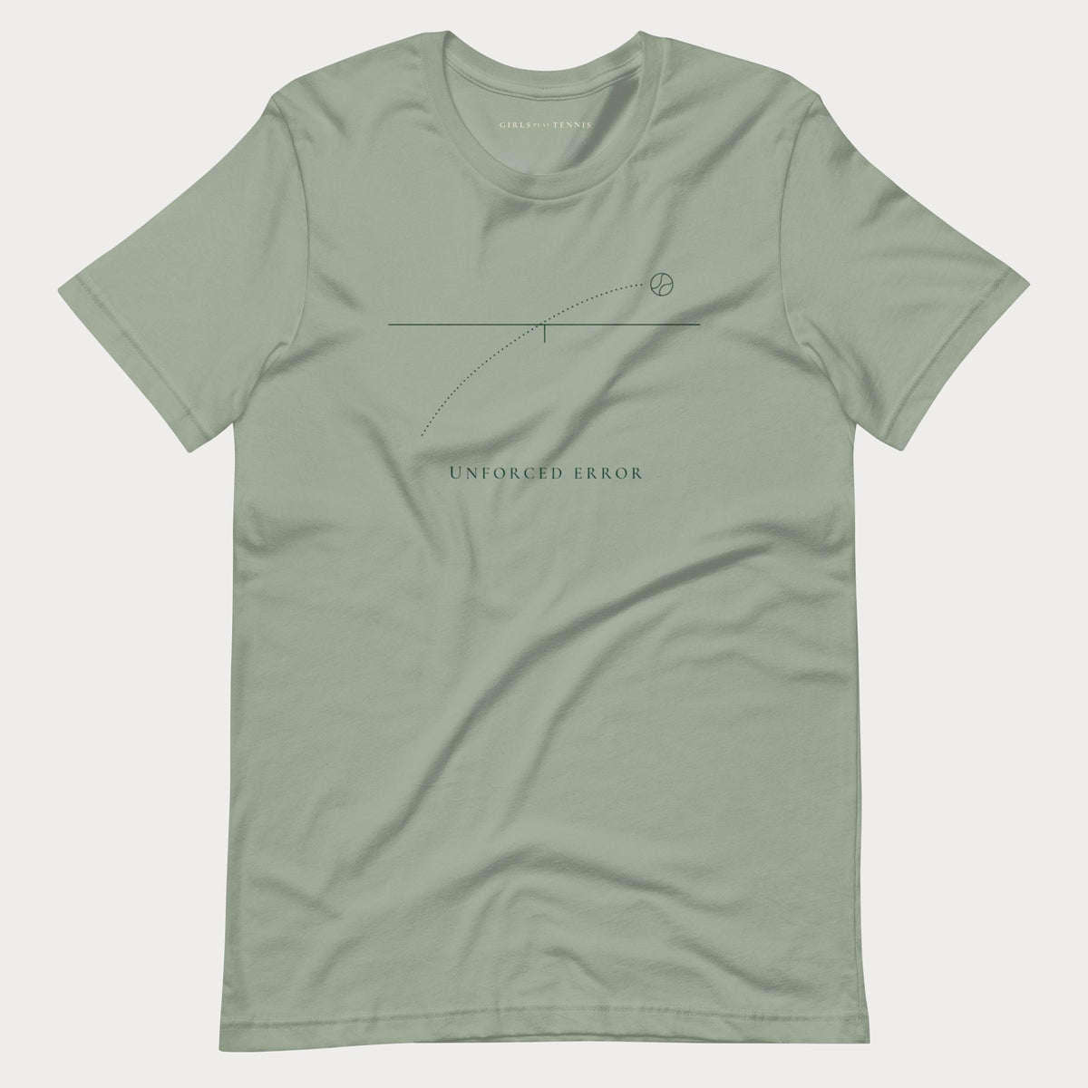 Sage green Unforced Error women's tennis T-shirt with a thin line drawing of a ball arcing over a net