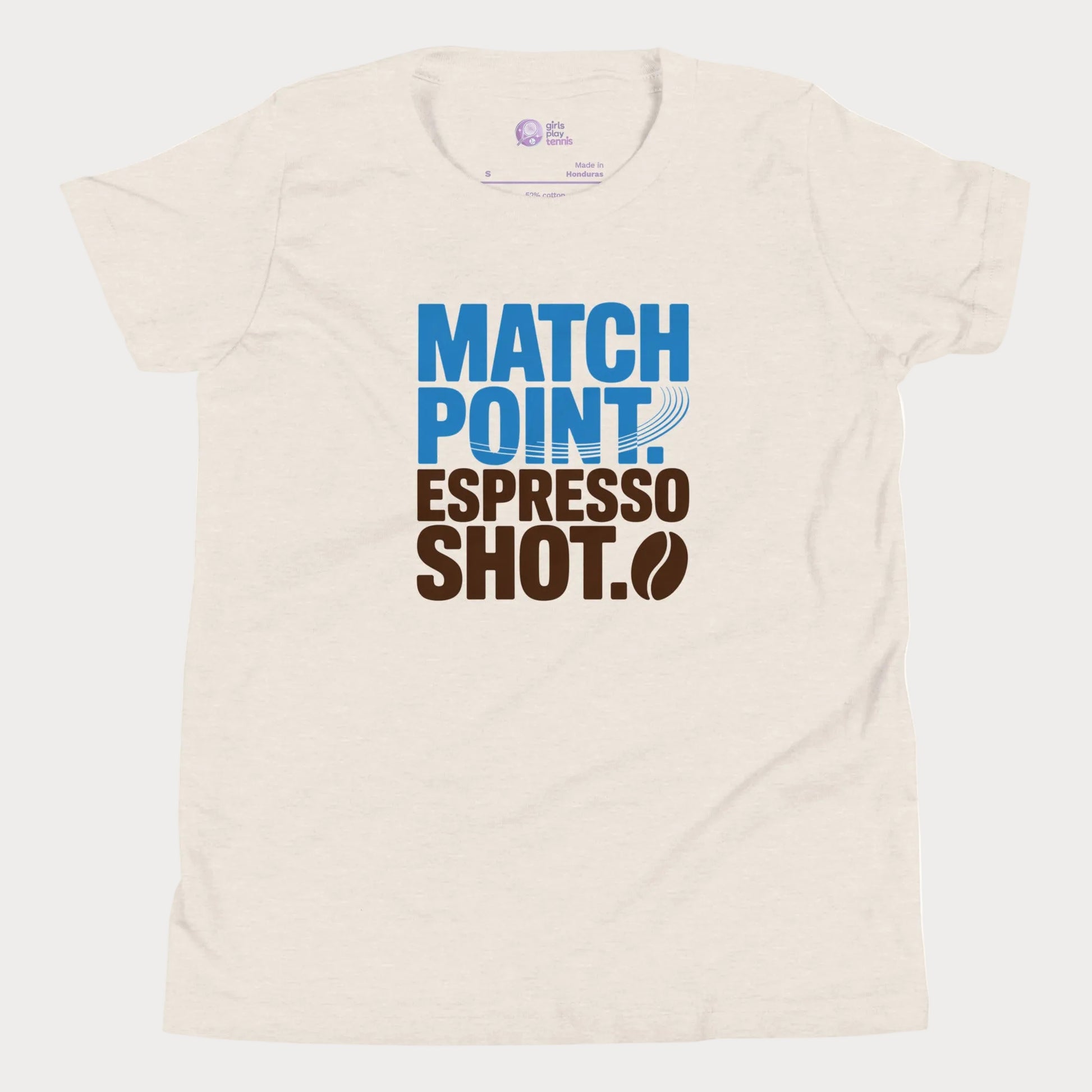 Beige tennis t-shirt with Match Point Espresso Shot typography design for fans of tennis and coffee.
